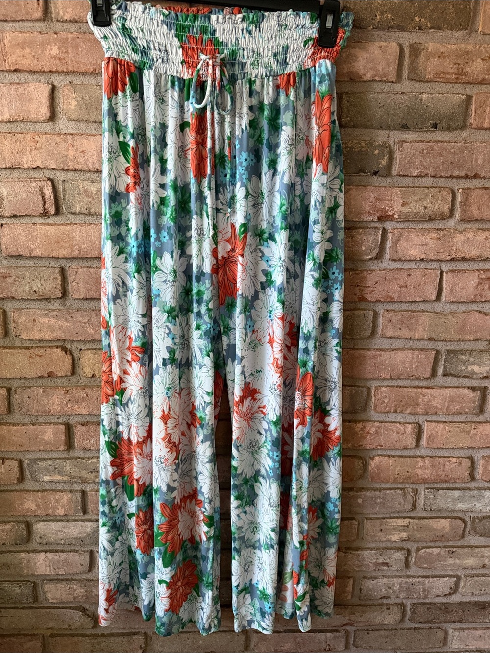 Wide Leg Floral Palazzo Pants with Smocked Waist - Coral & Green on White